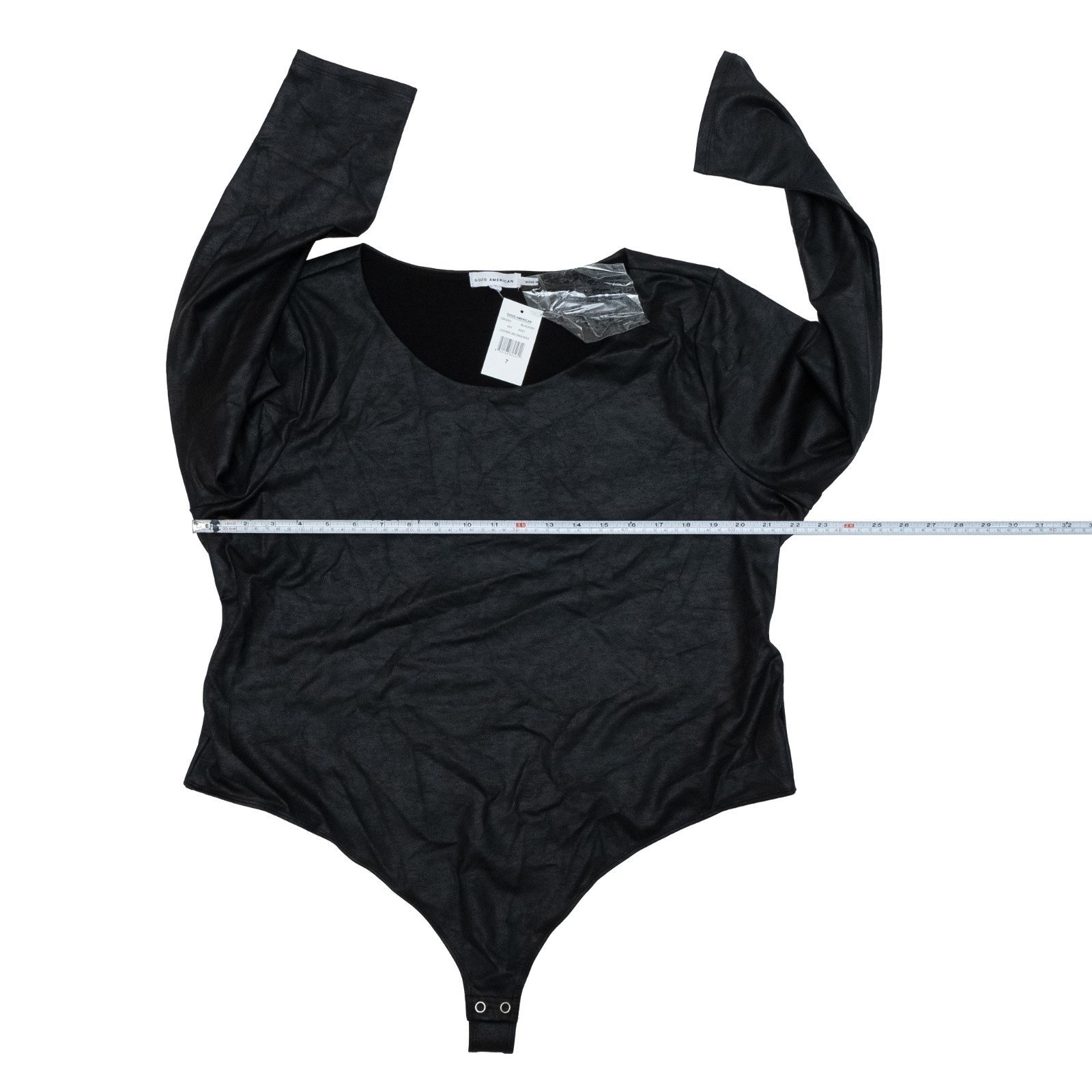 GOOD AMERICAN Leather‑Like Crewneck Long Sleeve Bodysuit Black Size 7 NWT