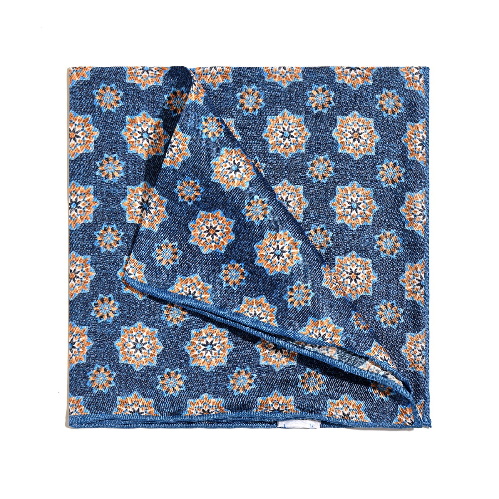 Men’s 100% Silk Blue Geometric Floral Pocket Square Scarf Hand Rolled Gift 11.8″