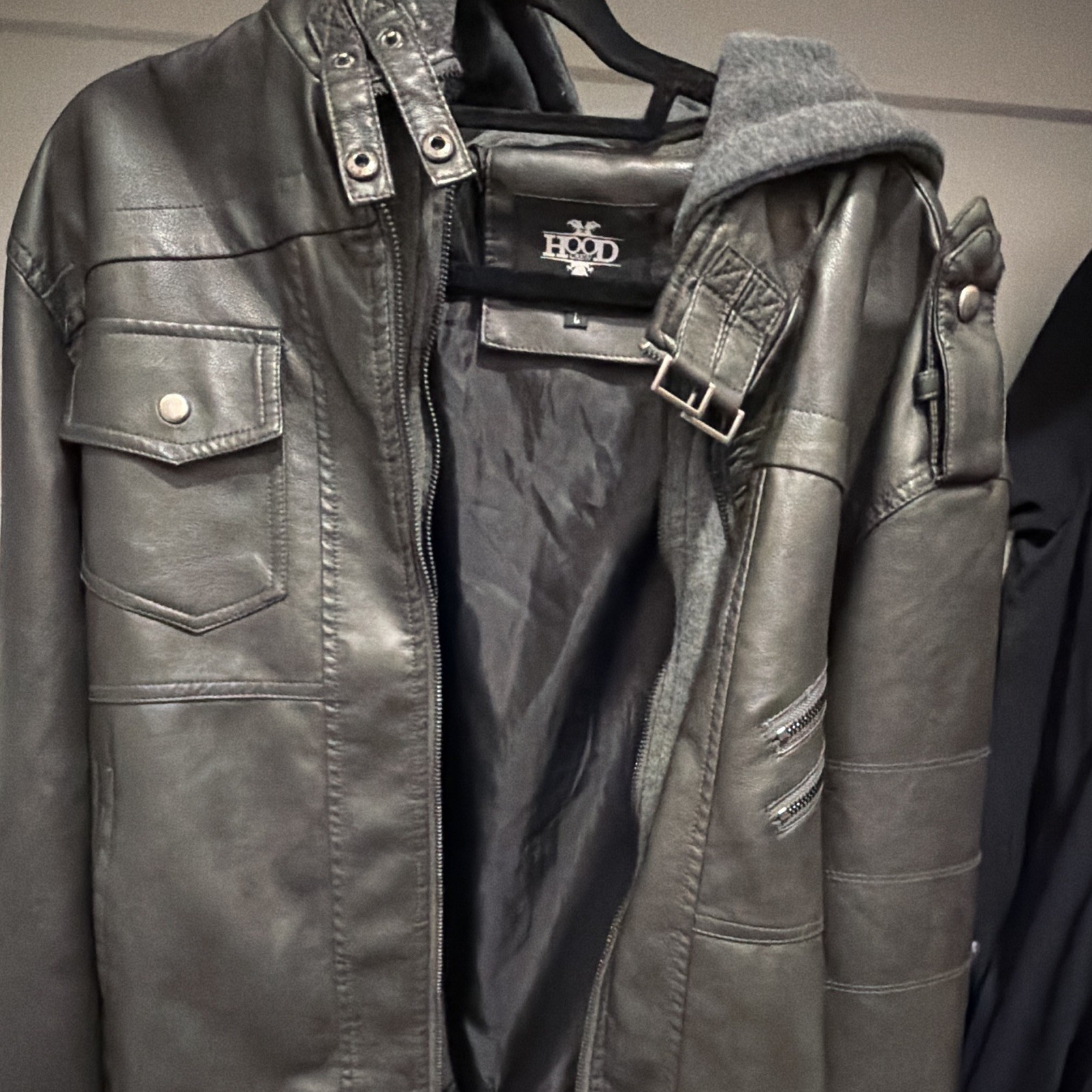 HOOD CREW Men’s Black/Gray Hooded Leather Jacket Full Zip Size L