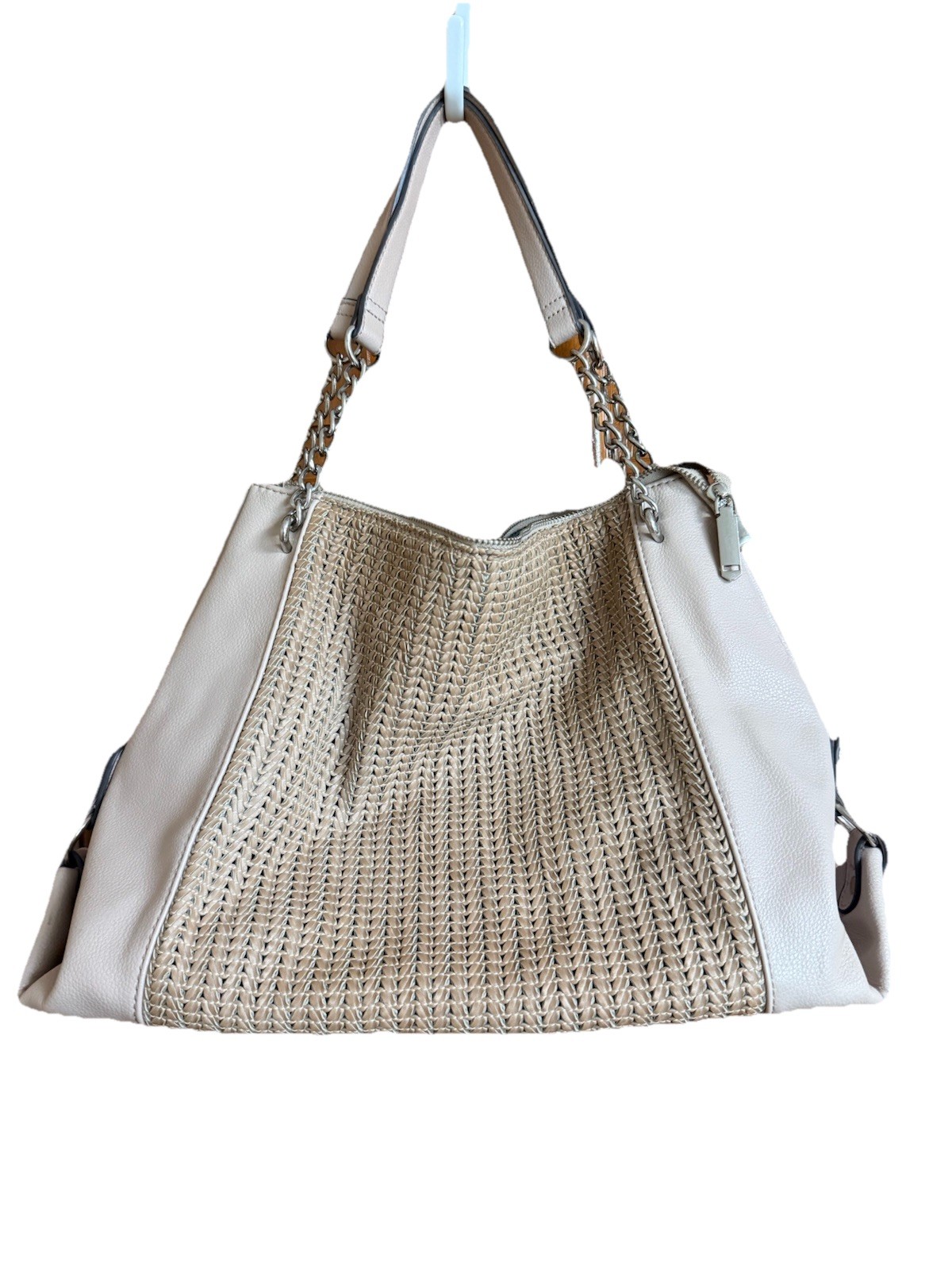 Enzo Angiolini Beige Shoulder Bag Woven Accent Tote Purse Chain Strap Large