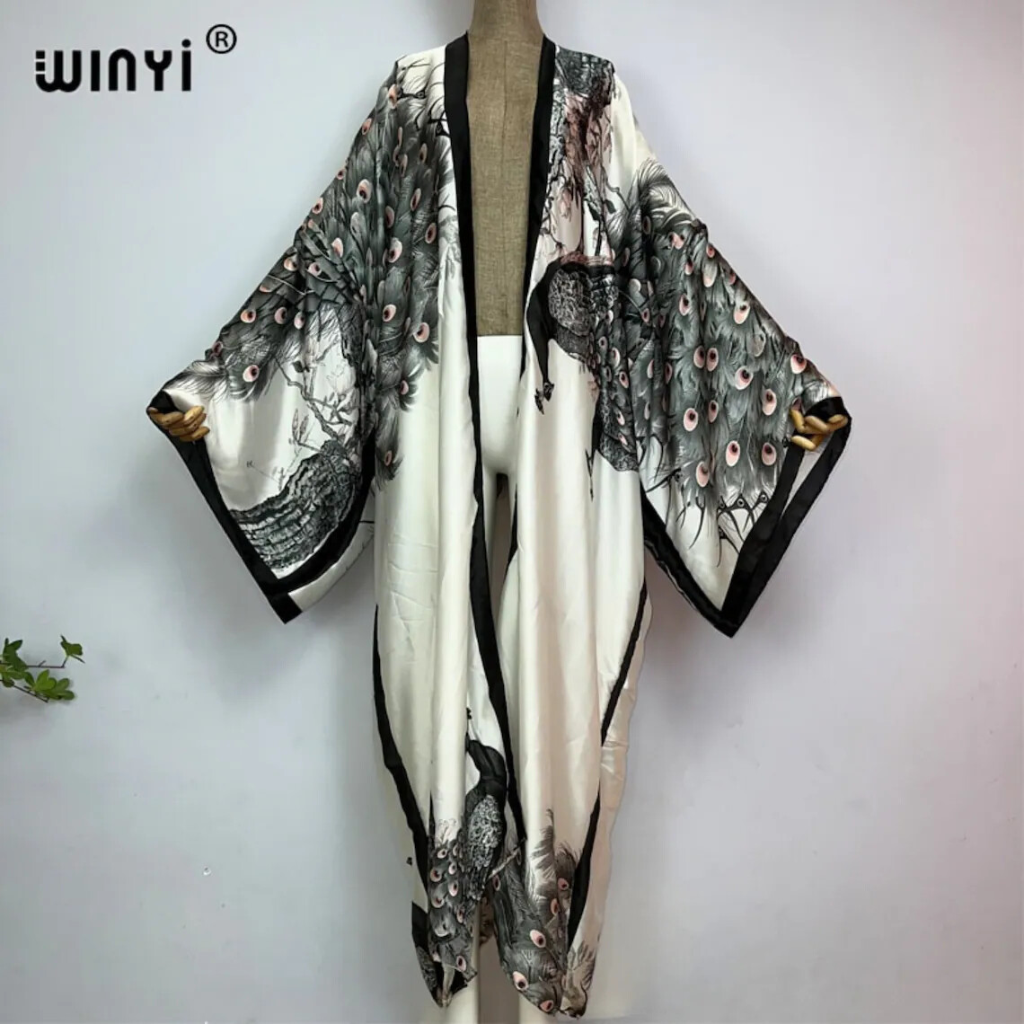 Pink Peacock Kimono Batwing Cardigan Silky Robe Beach Kaftan Robe Pink Abaya