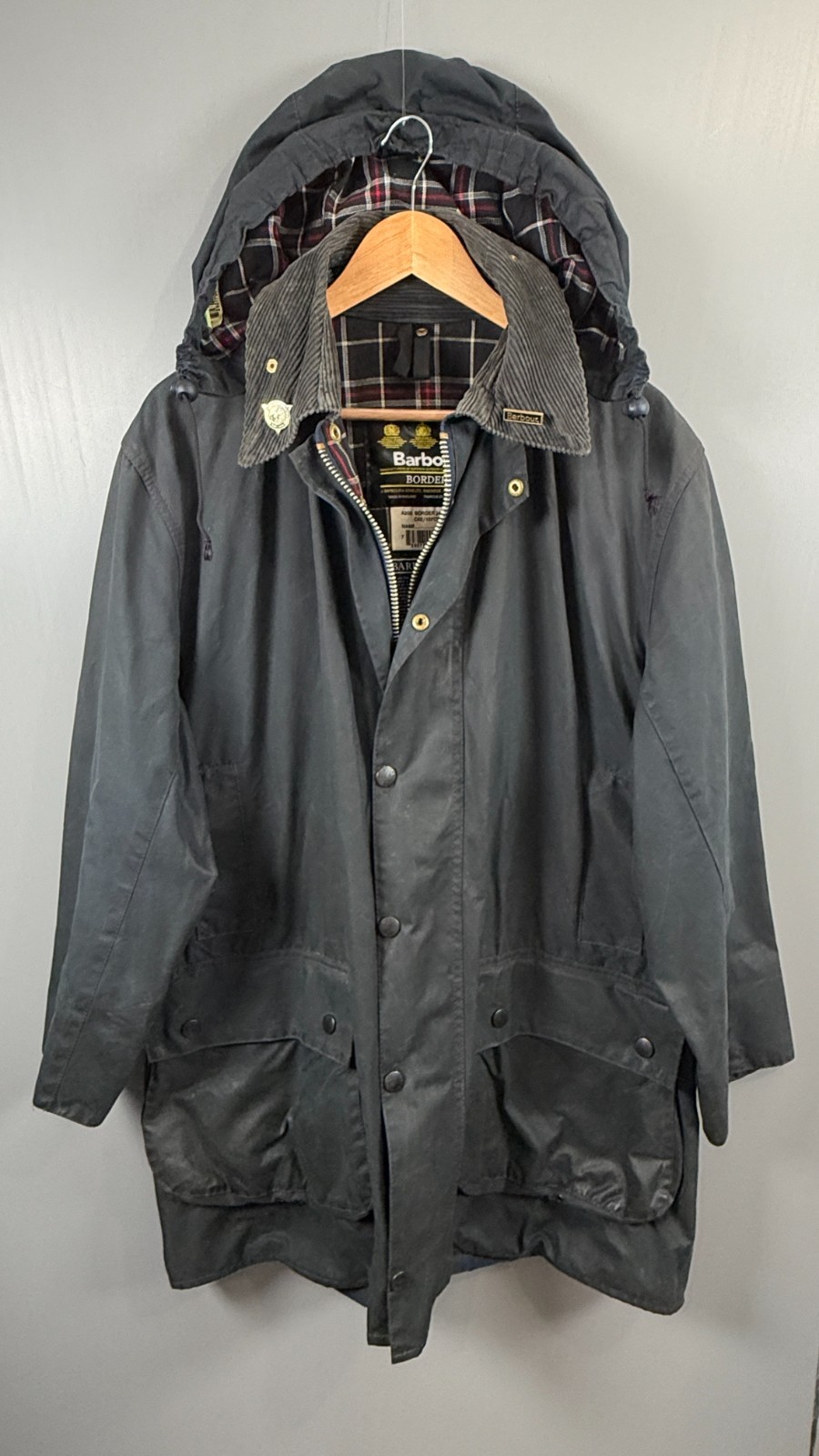 Vintage Barbour Border Wax Jacket C42 107cm Mens L Navy Hooded 3 Crest Coat 90s
