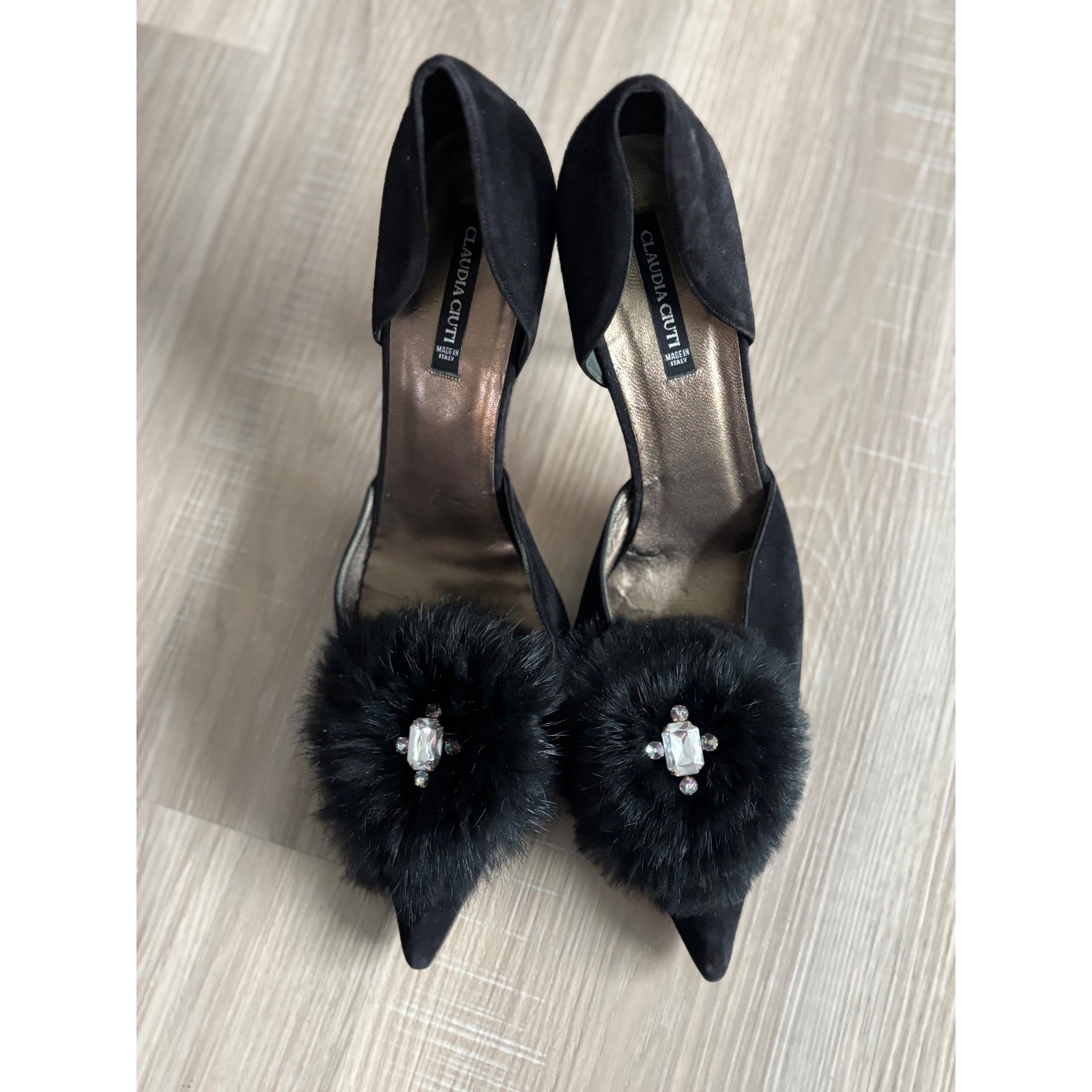 Claudia Ciuti Black Suede Fur Pom Pom Crystal D’Orsay Pumps Madein Italy Size10M