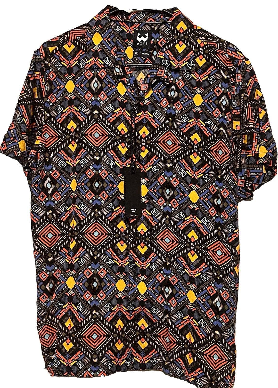 WXYZ MFG CO Mens M Geometric Tribal Print Short Sleeve Button-Up Viscose