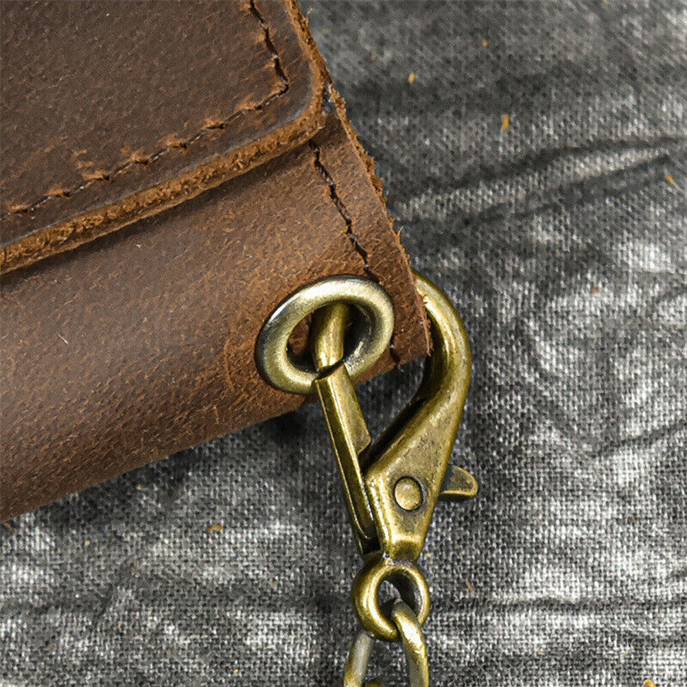 Men’s Tri-fold Vintage Leather Biker Chain wallet With snap Closur Zipper Purse#