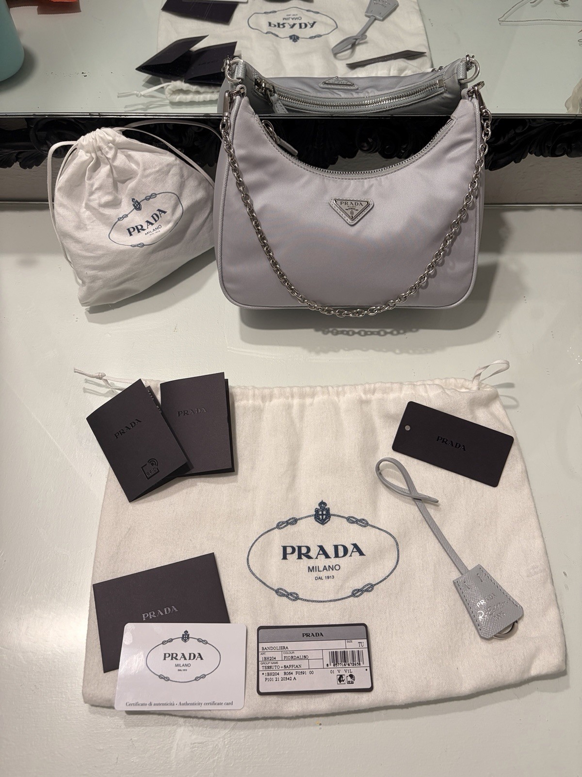 PRADA Re-Edition 2005 Gray Shoulder Bag Zip w Chain, Pouch, Dust Bag & Card