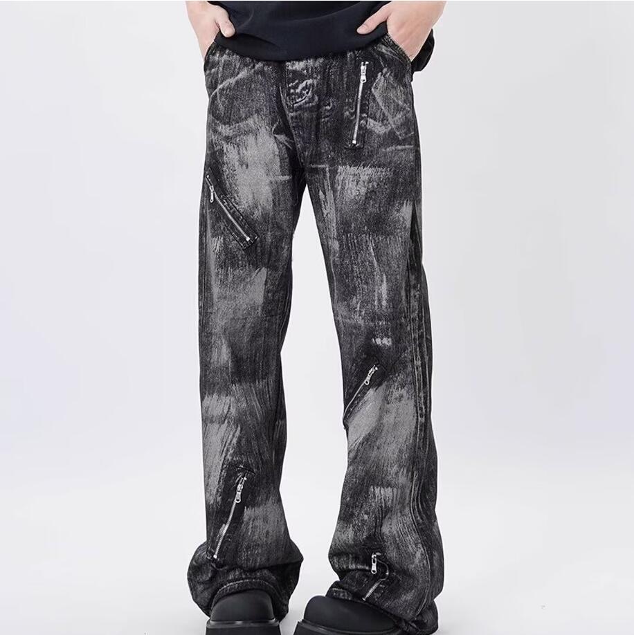 Men’s Black Denim Jeans Straight Leg Casual Zipper Pants Trousers Punk Hip Hop