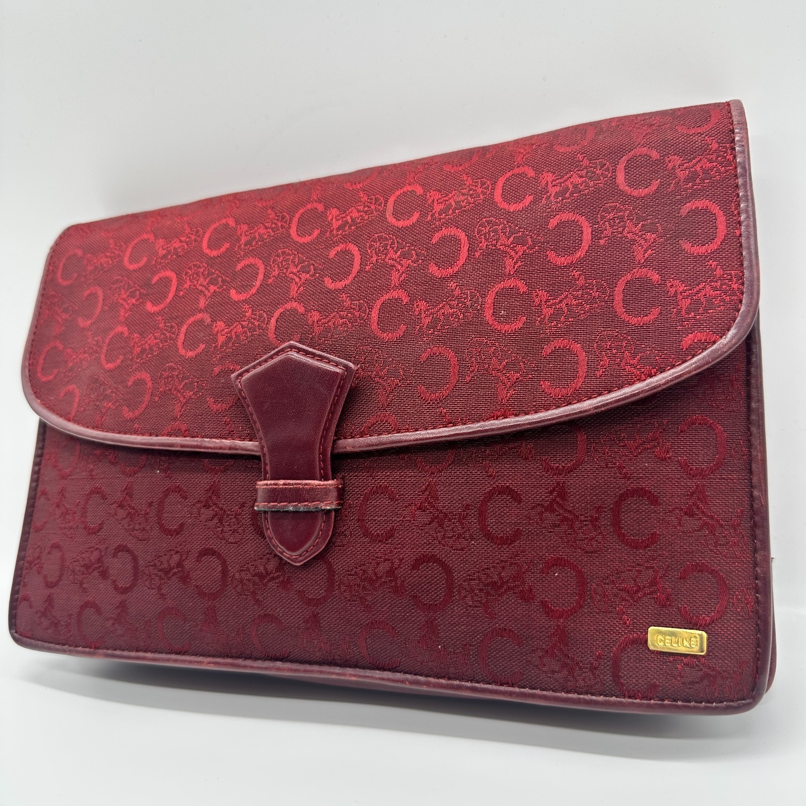 CELINE Vintage C Macadam Clutch Bag Pouch Purse Red Canvas Leather Auth Japan