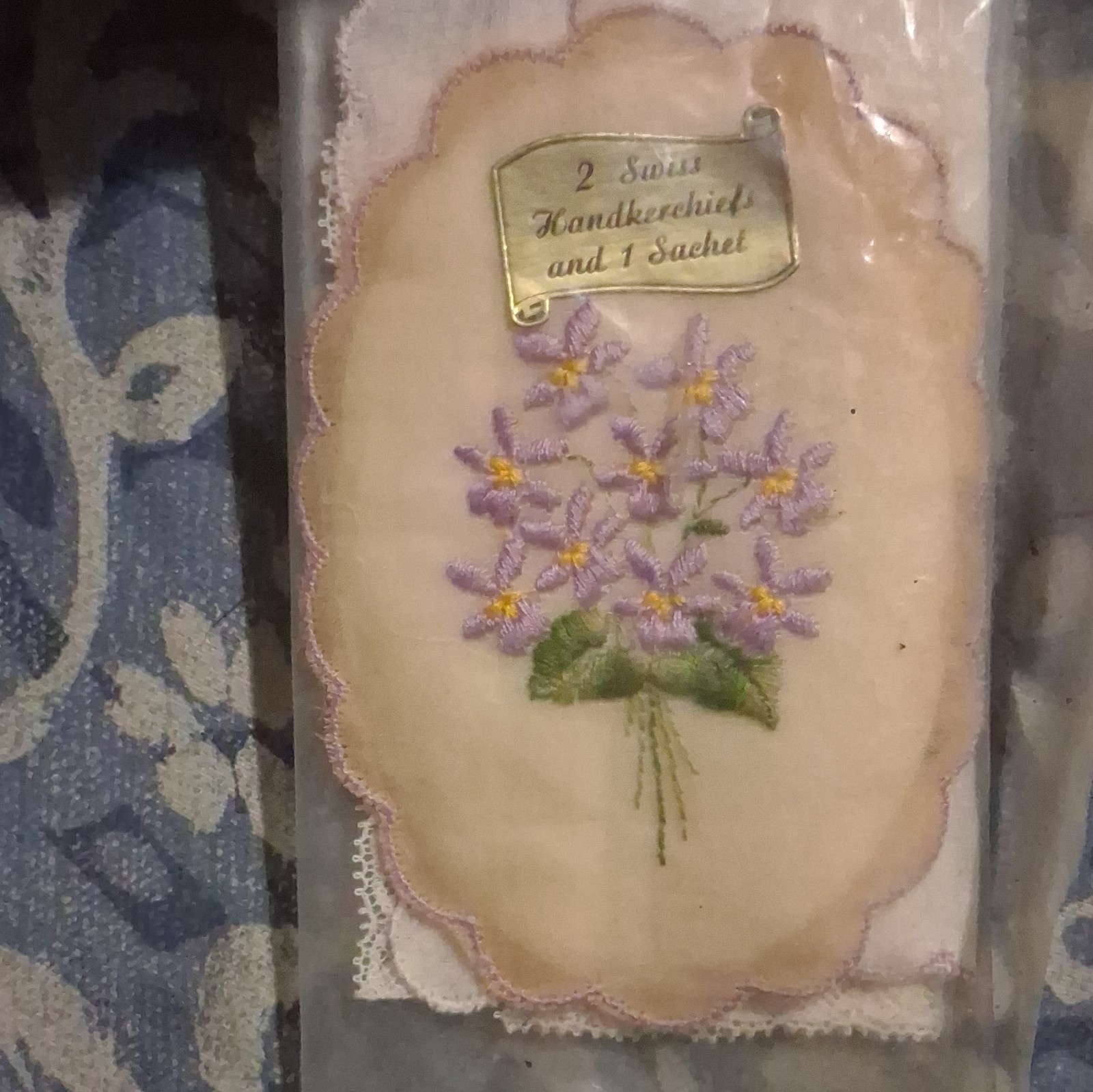 2 Swiss Embroidered Floral Handkerchiefs w/ Sachet Pink Purple Green White