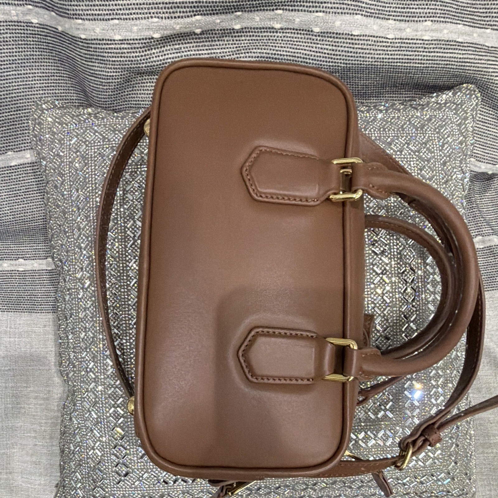 Brown Small Satchel Top Handle Zip Gold Hardware Detachable Strap