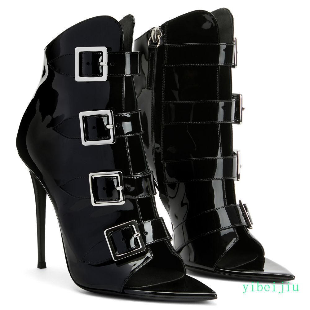 Gladiator Peep Toe Ankle Boots Women’s Patent Shiny Leather High Heel Plus Size