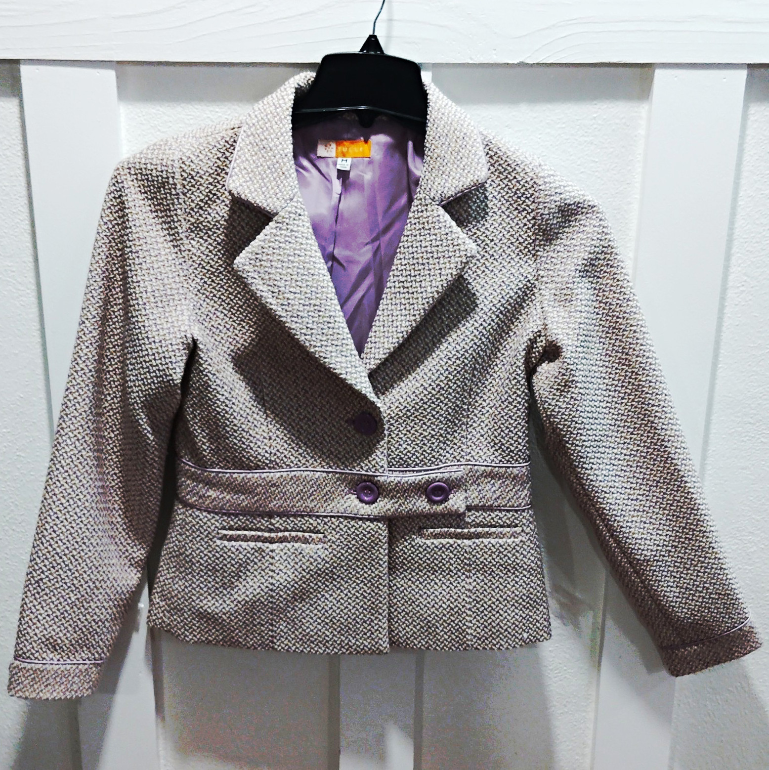 Tulle Women’s Purple/Beige Tweed Pattern Button Jacket M Wool Blend