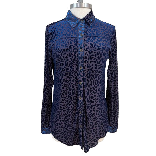 Semi Sheer Blue Animal Print Button Up Shirt Size Small