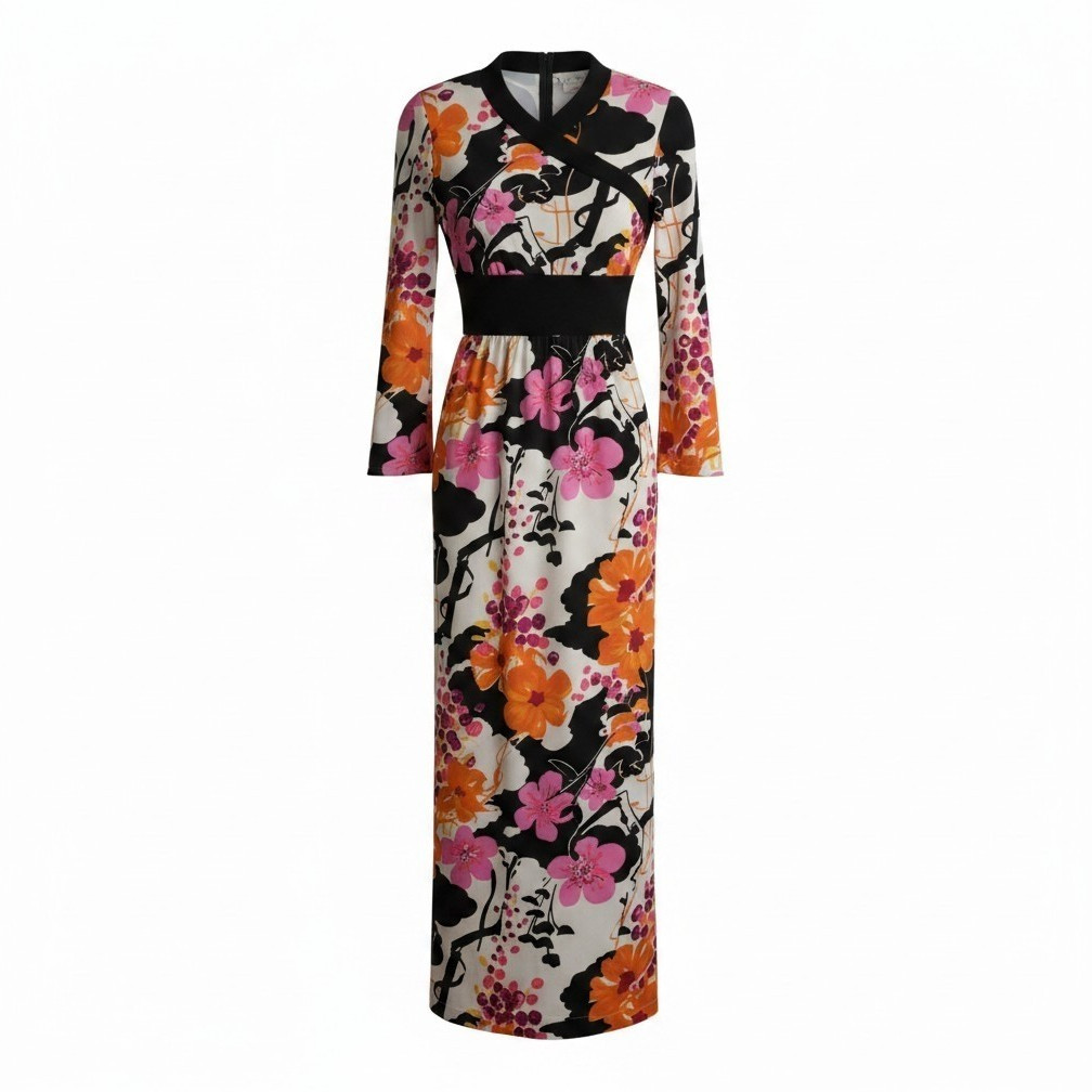 VTG Goldworm Italy Maxi Dress 12 Trevira 2000 Floral Psychedelic Mod midcentry