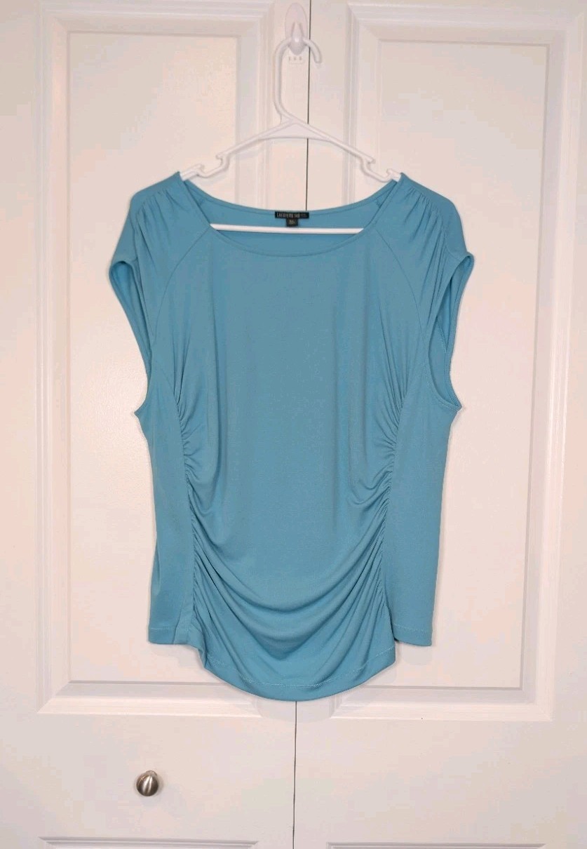 Lafayette 148 Silk Knit Ruched Side Short Sleeve Blouse Top Blue Turquoise XL