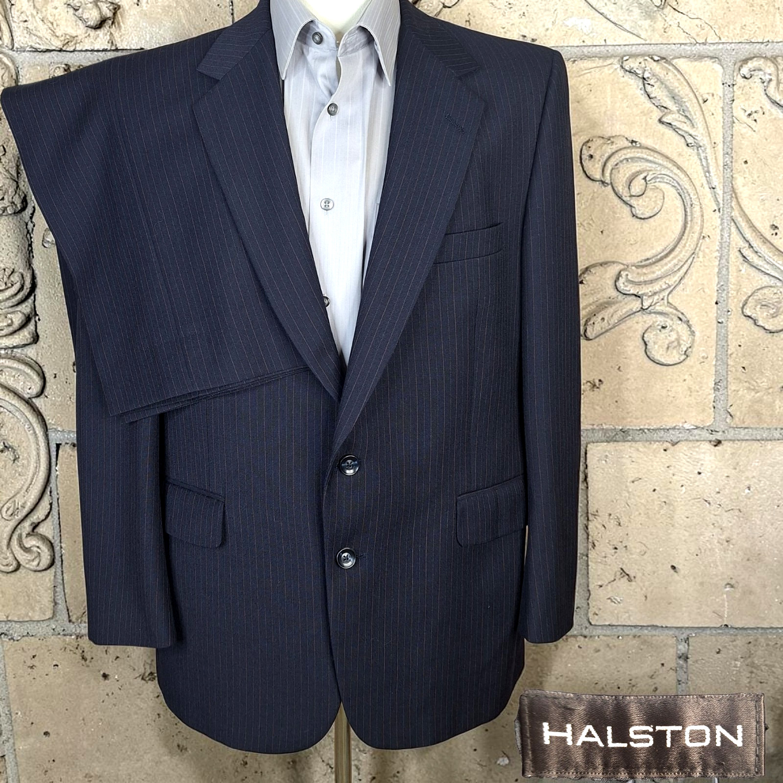 Halston Suit 2 Piece Mens 42R Trousers 36X29 Navy Multicolor Stripe VTG