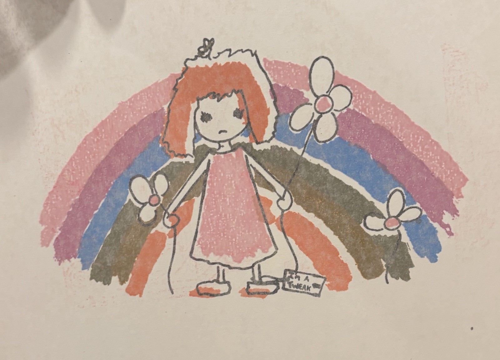 Original Vintage Rainbow Flower Bird Girl Iron On Transfer
