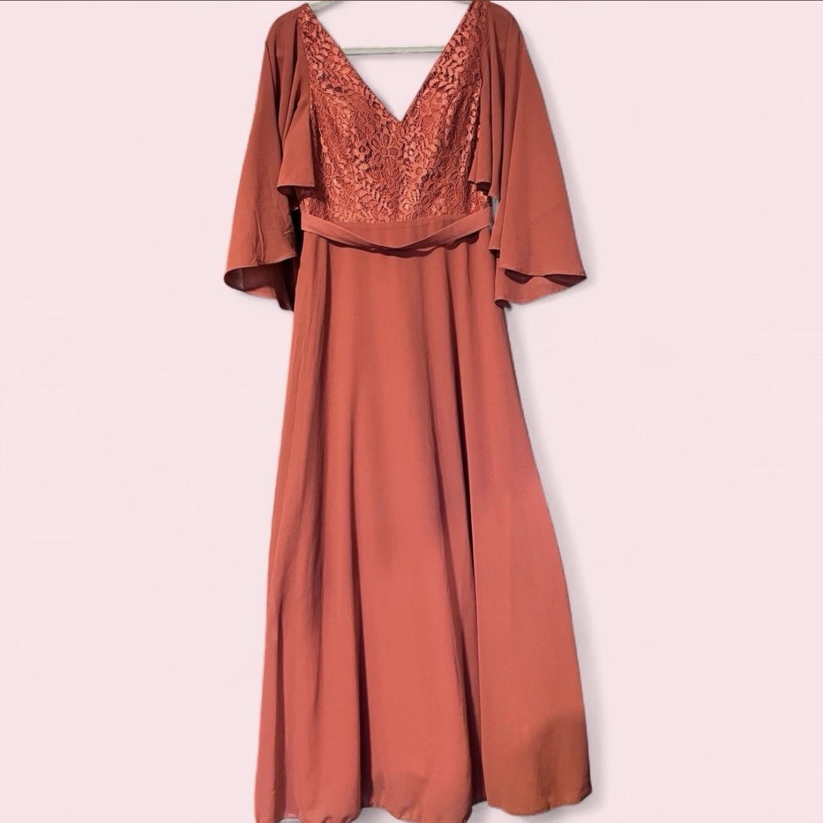 Rust Terracotta Maxi Dress Size M Lace V-Neck Belted Formal Wedding Guest Dres