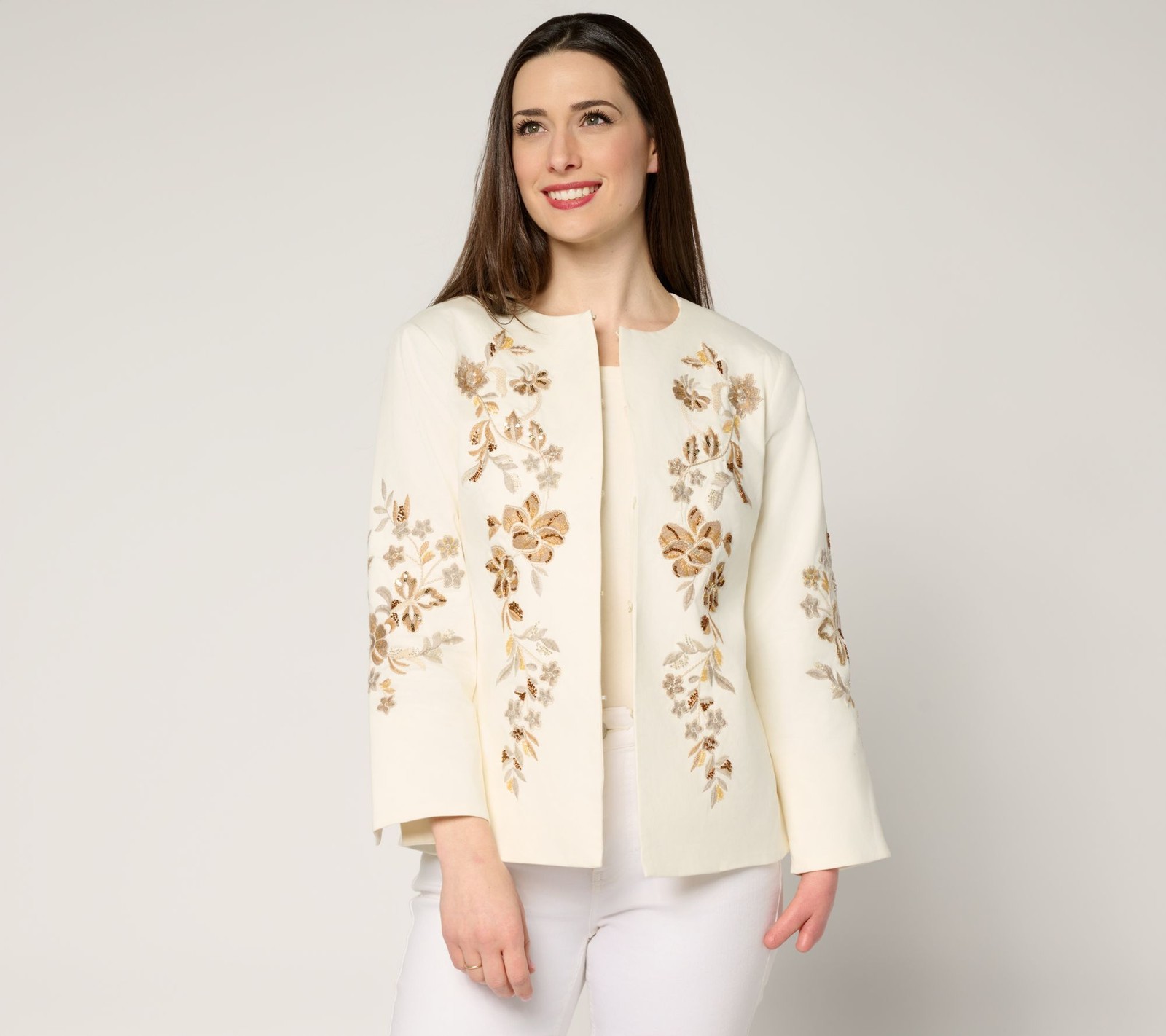 Dennis Basso Women’s Jacket Sz M Floral Embroidered White A686949