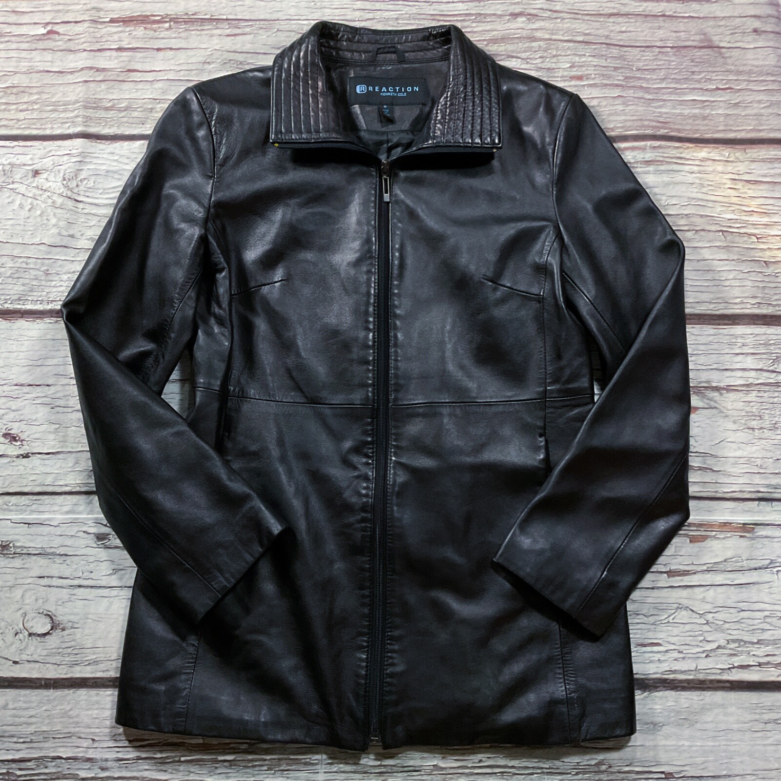 Kenneth Cole Reaction Womens Jacket size M Medium Black Leather Zip Front Lined