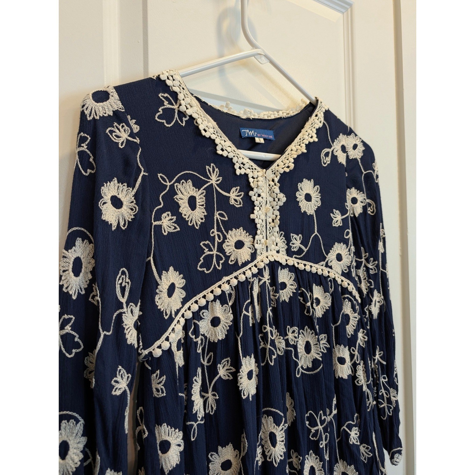 Truly Me Floral Boho Floral Embroidered Navy Tunic Top