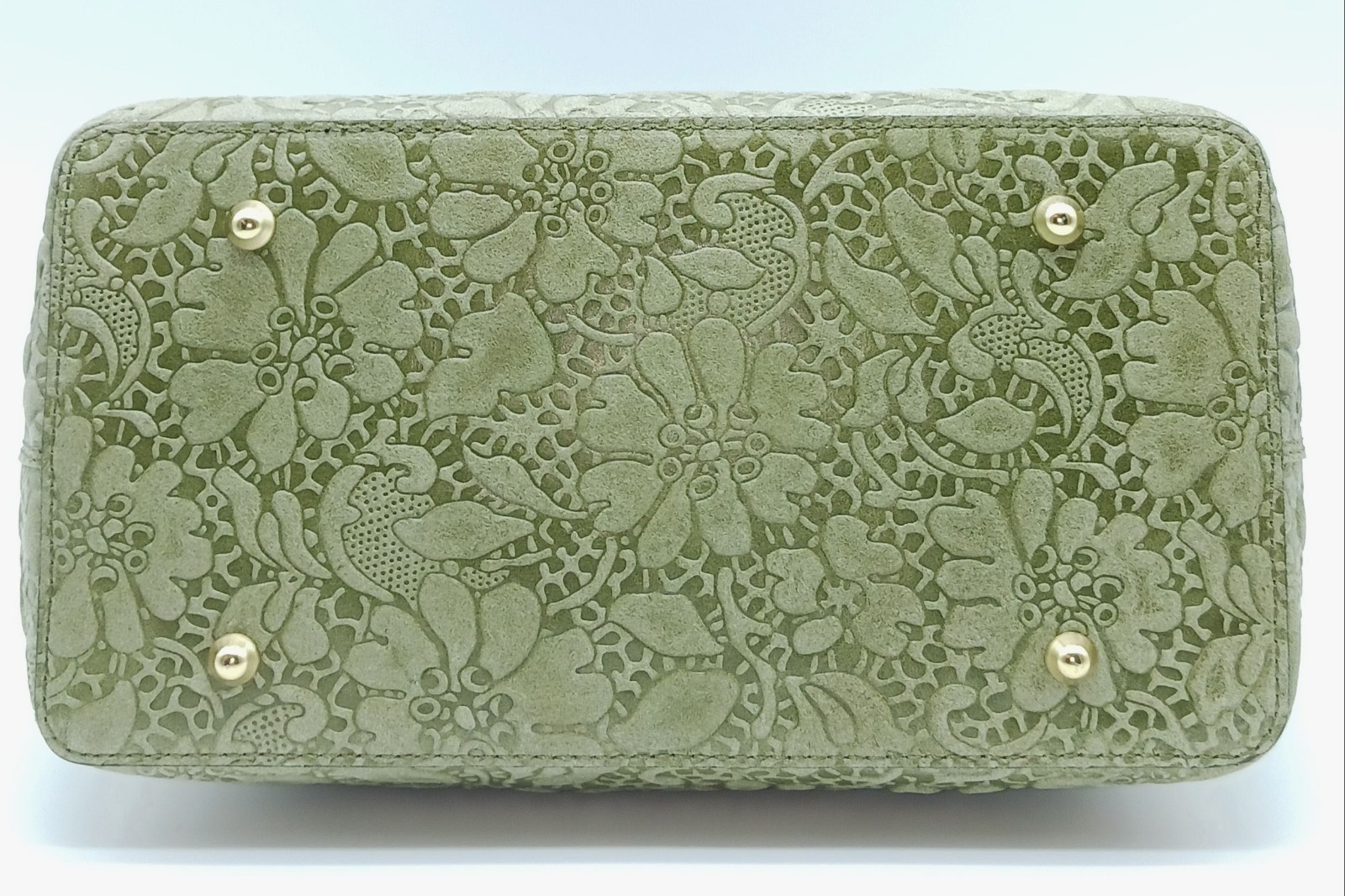 Army Green Italian Genuine Leather Floral Embossed Handbag Satchel Made In Italy