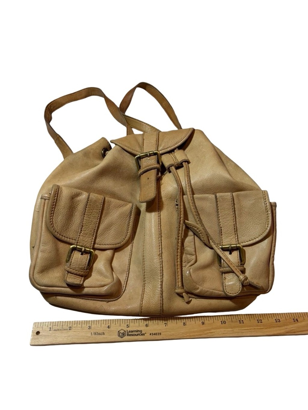 Cut N Paste Leather Backpack Tan Cargo Pocket Slouchy Distressed Boho flaw
