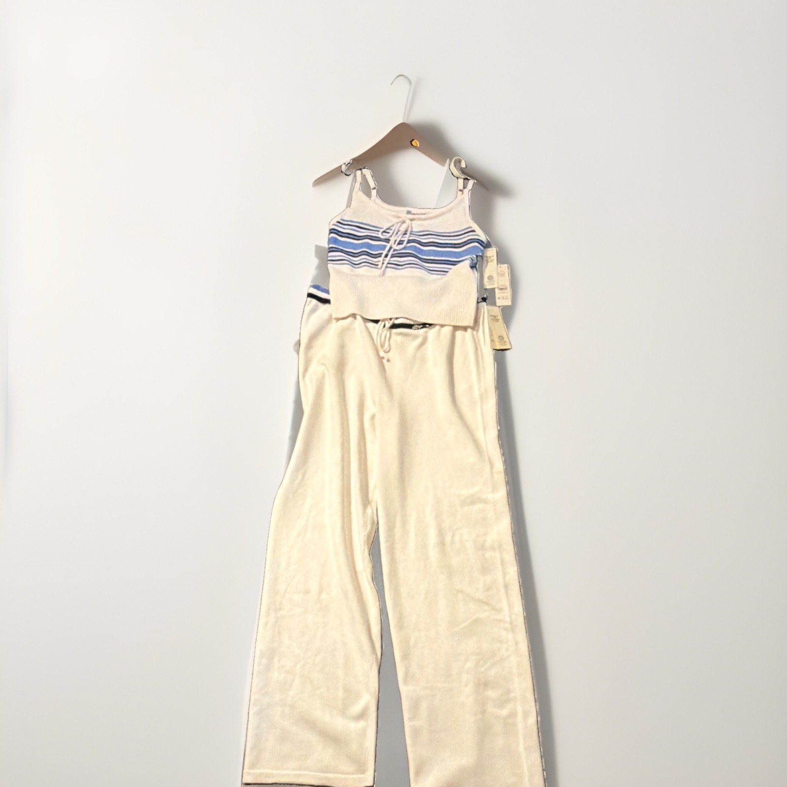 No Boundaries Womens L 2pc Knit Tank & Wide-Leg Pants Set Striped Drawstring