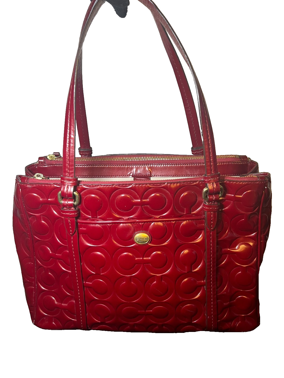 Coach Red Signature Embossed Patent Leather Tote Shoulder Bag Gold Hardware