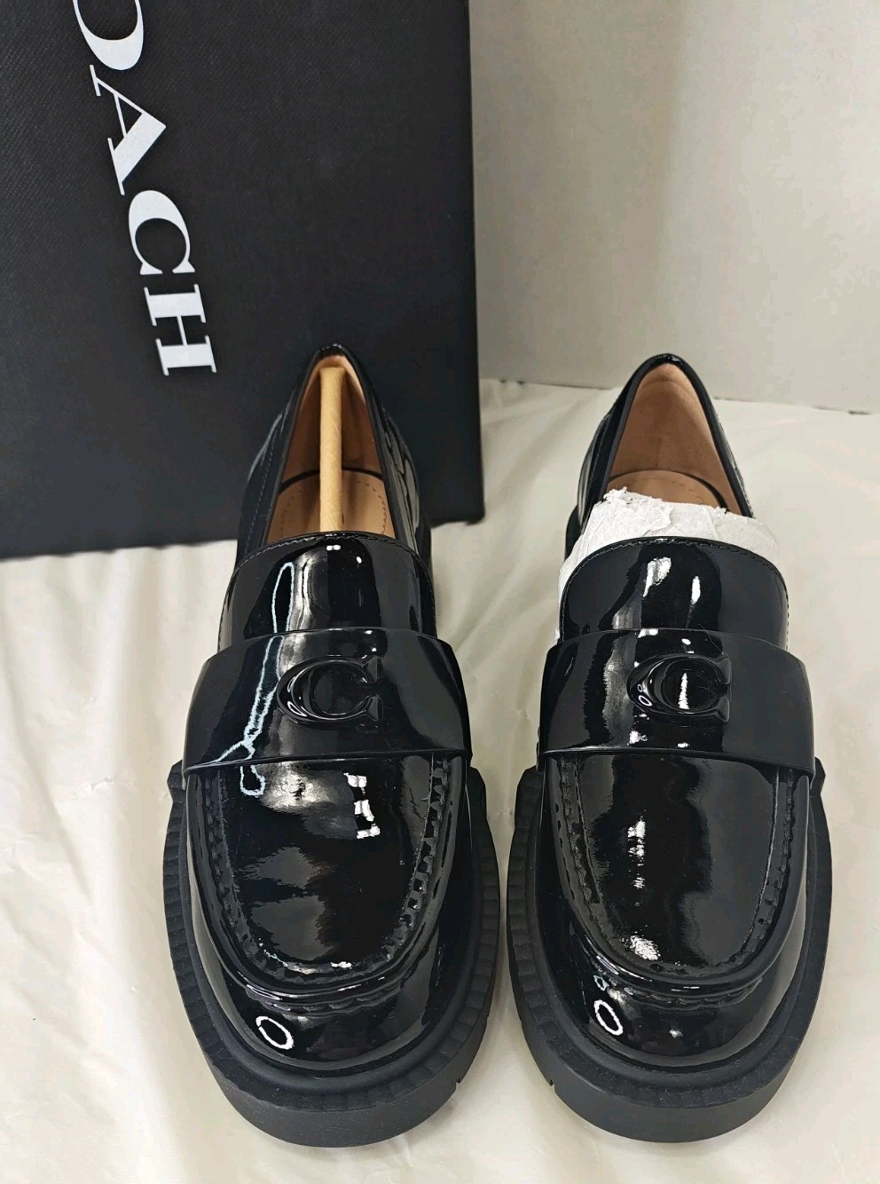COACH Leah Patent Leather Platform Loafers Black Lug Sole CM752 Womens Sz 5 NIB