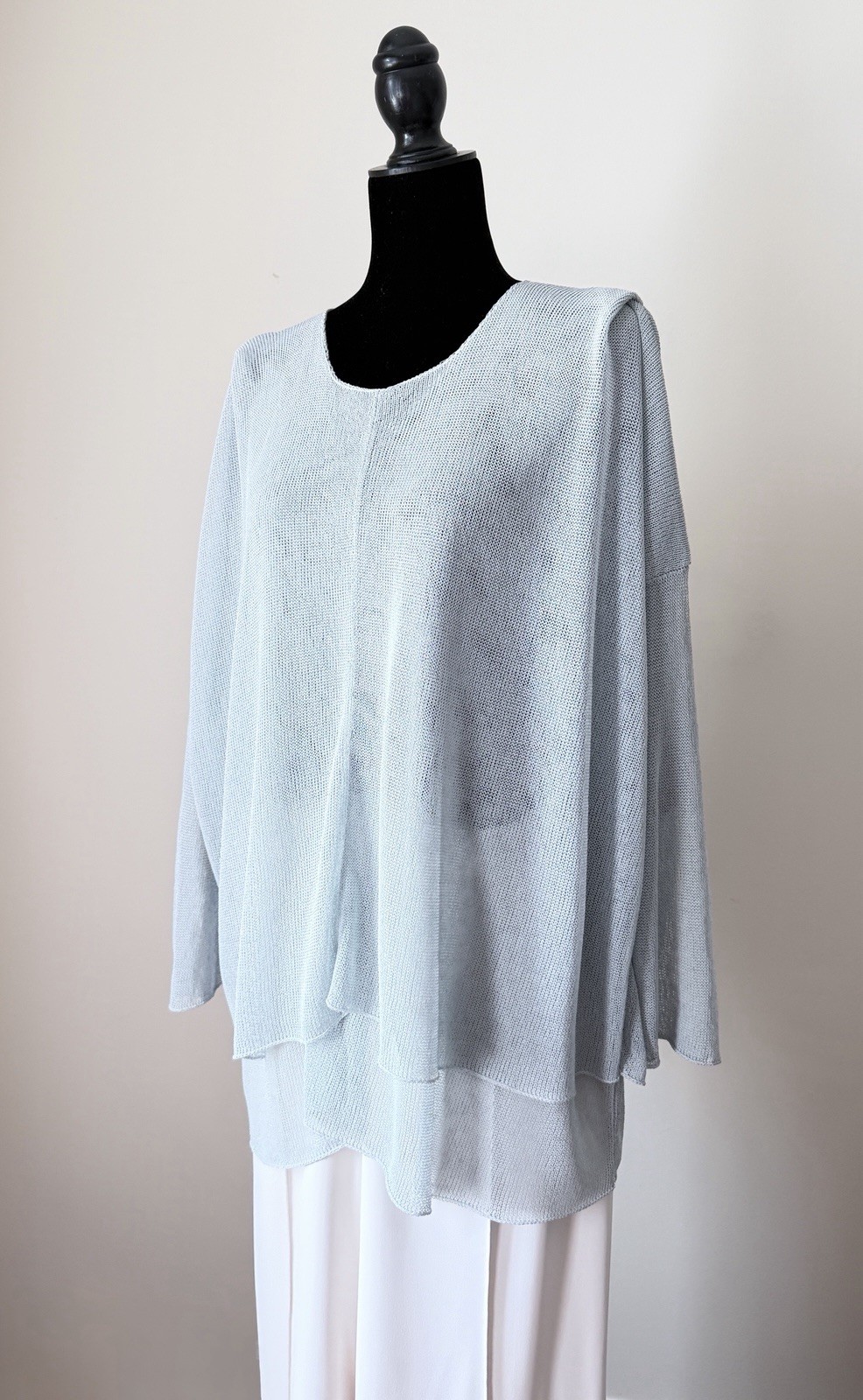 Eskandar Open Knit Sweater Pleated Shoulder Soft Sage Blue Layered Linen Blend