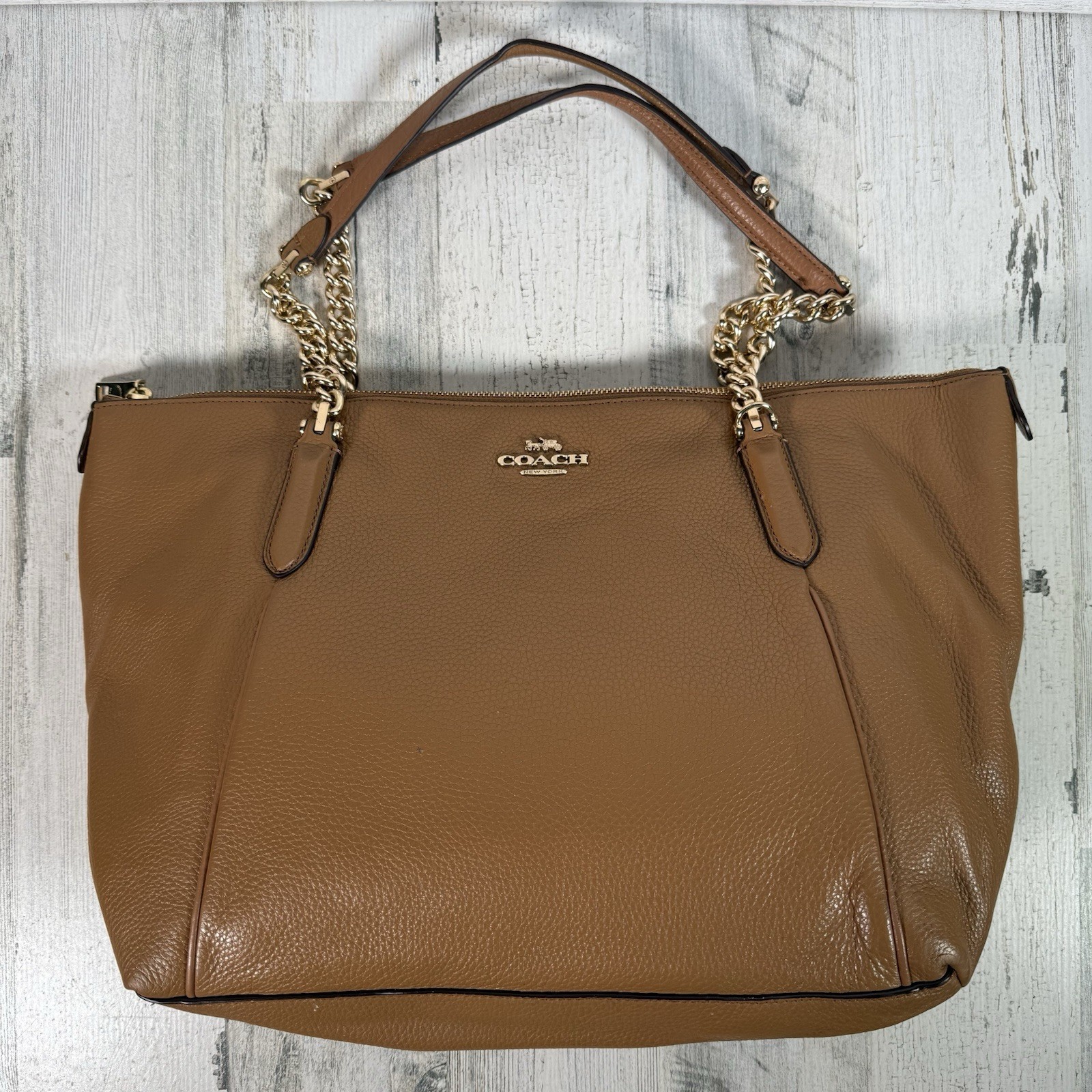 Coach Pebbled Leather Ava Chain Tote Style Purse Khaki