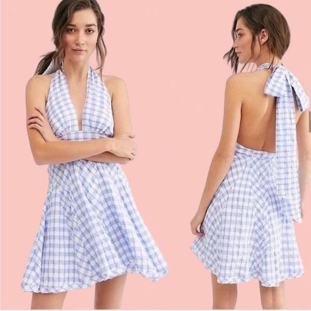 NWT Free People FAB! Do The Twist Mini Halter Dress in Blue Combo Size 4