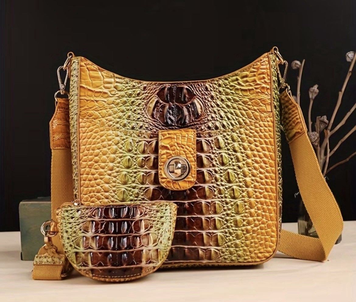 Croc Embossed Crossbody Shoulder Bag Pink/Beige w/ Coin Purse, Strap, Zip