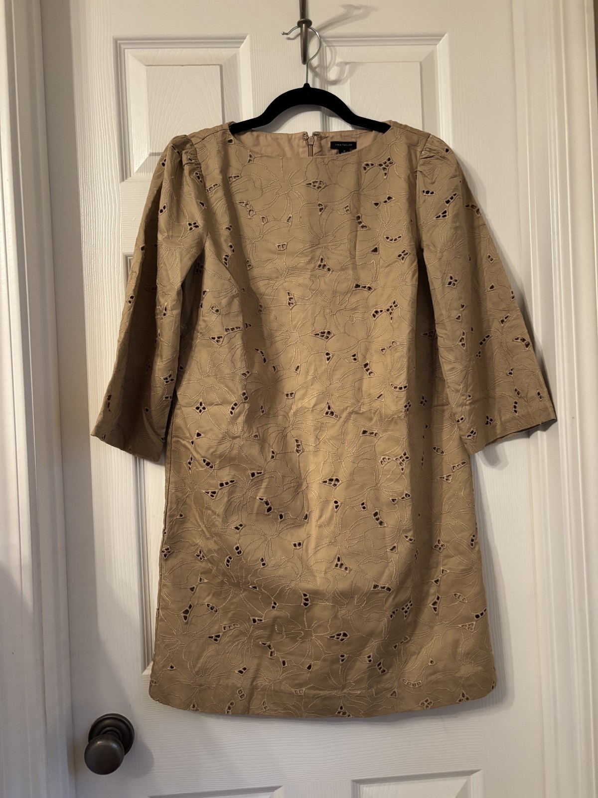 Ann Taylor eyelet boatneck shift dress tan 3/4 sleeve knee length Petite 4