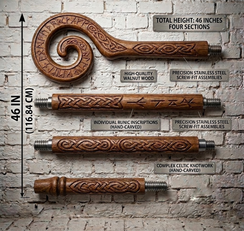Hand-Carved Walnut Runic Staff – Celtic Knotwork – 46″ Modular Walking Stick