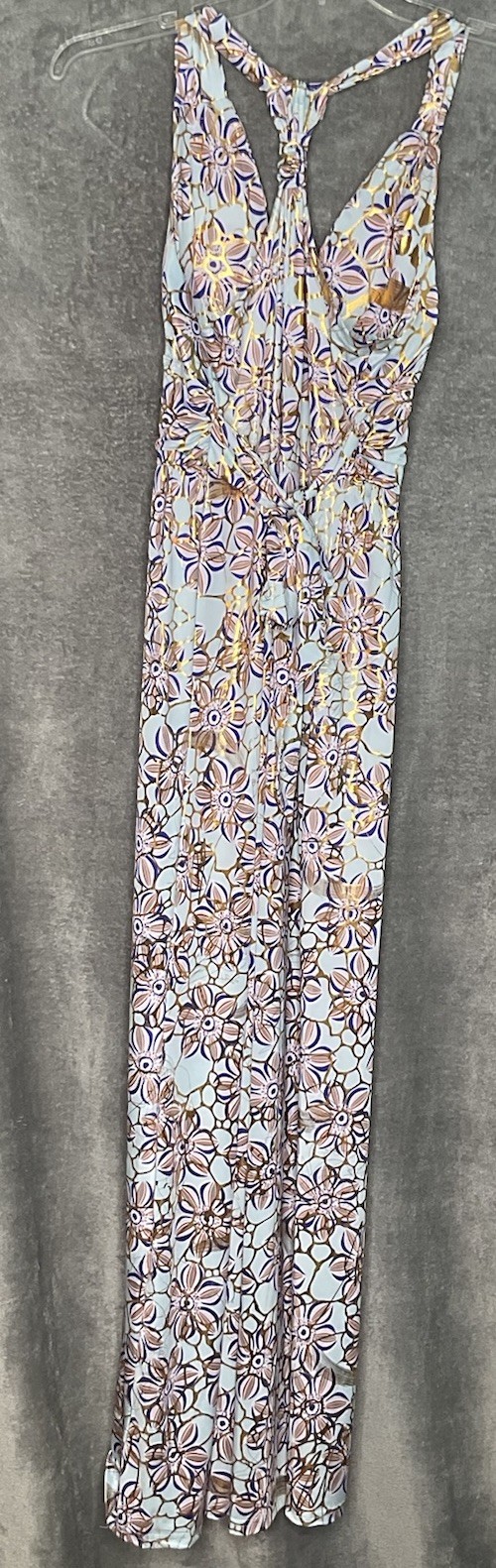 India Boutique OS Maxi Dress Blue Gold Metallic Floral Halter Boho Festival