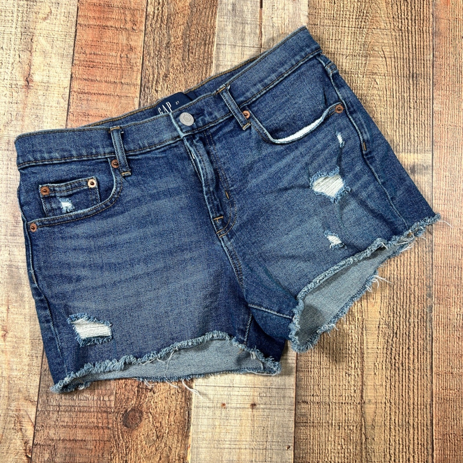 Gap Size 27 Blue Distressed Denim Shorts Raw Hem Cotton Blend Mid Rise Cutoffs