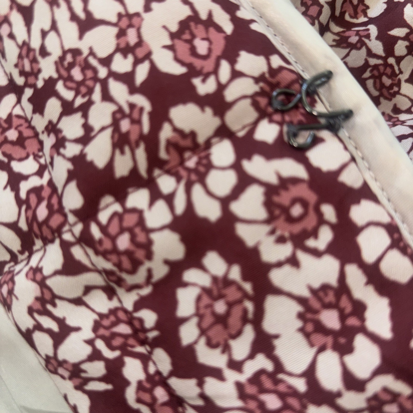 Quilted Floral Jacket Burgundy Cream Mock Neck Boxy Pockets Hook Eye Closure