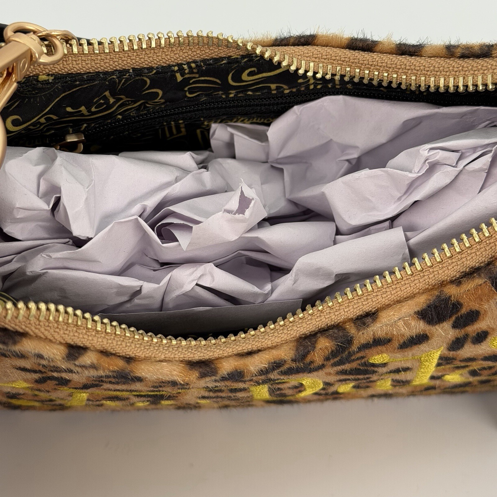 Von Dutch Crescent Shoulder Bag Leopard Print Brown & Black Gold Zip With Charm