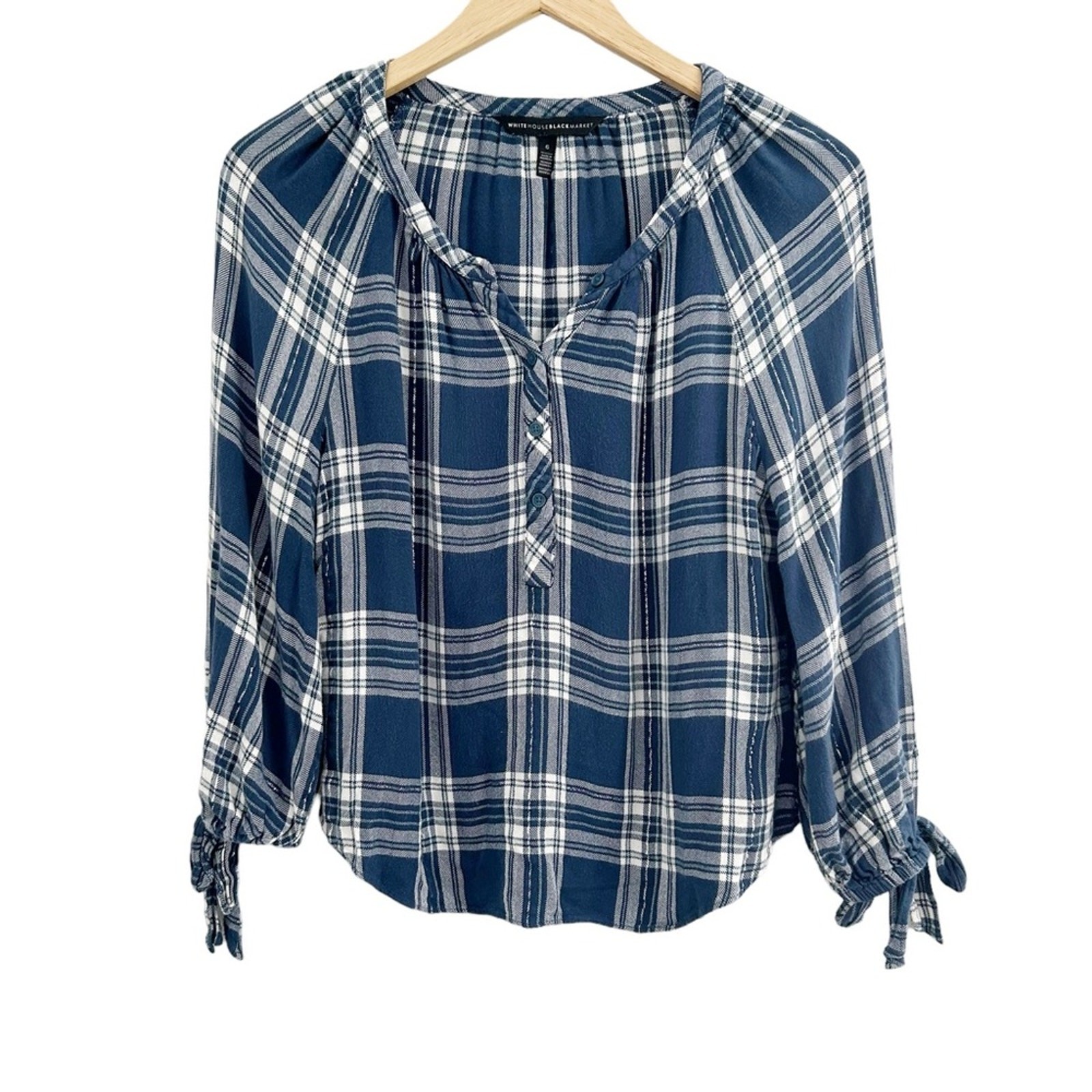 White House Black Market Size 6 Blue, White, Silver Plaid Bow Sleeve Blouse