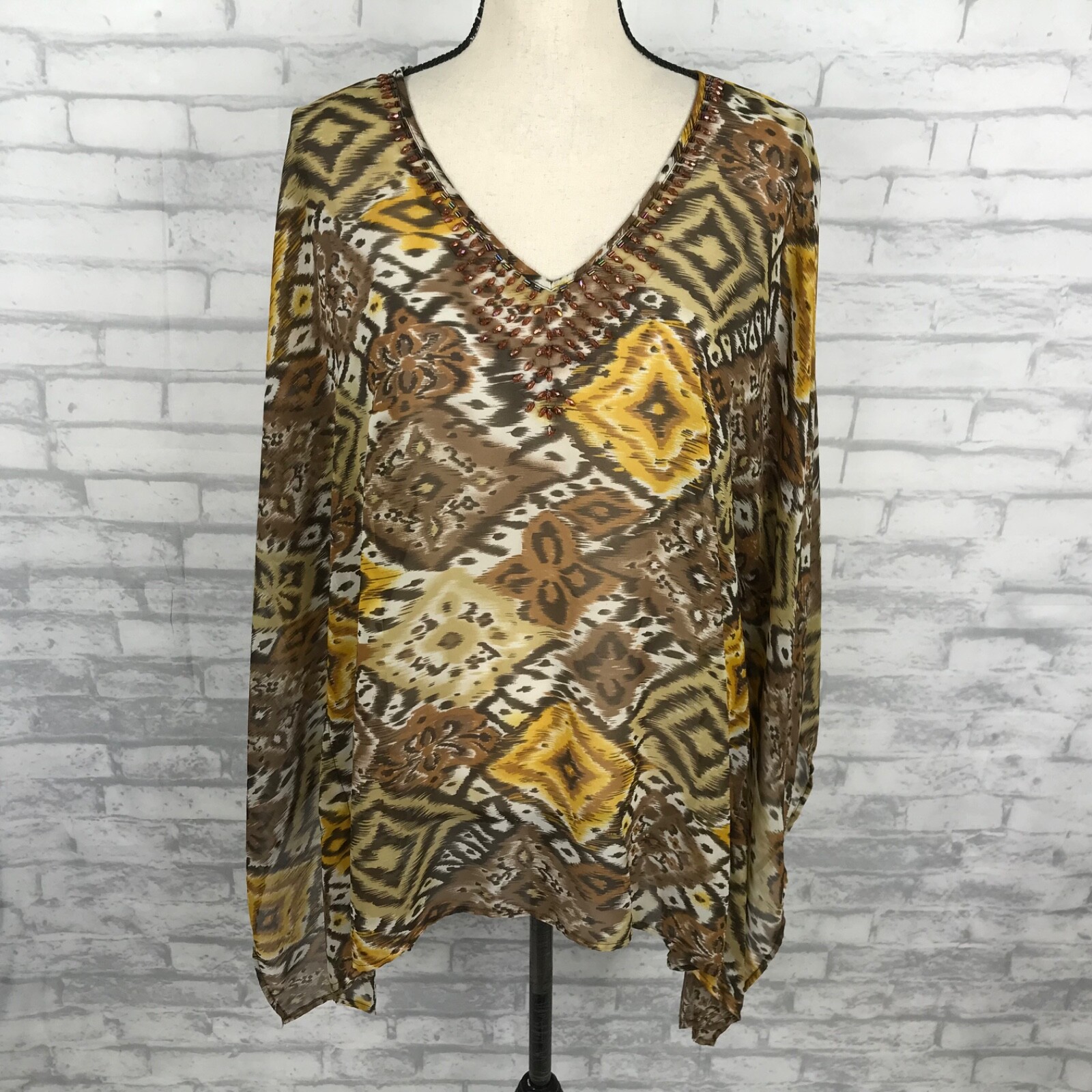 Susan Graver Top Sheer Chiffon Kimono Kaftan Poncho Size XL Artsy Beaded Browns