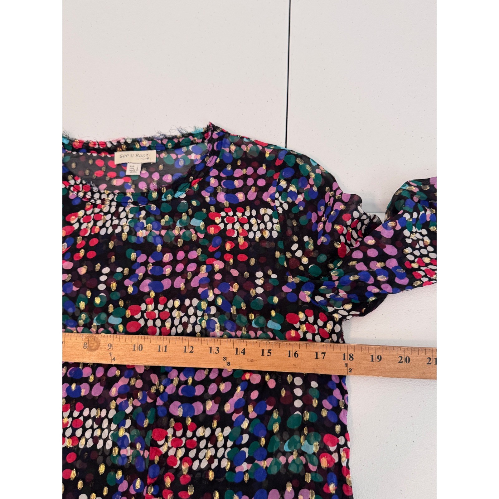 See U Soon 100% Silk Abstract Polka Dot Metallic Blouse Small gf