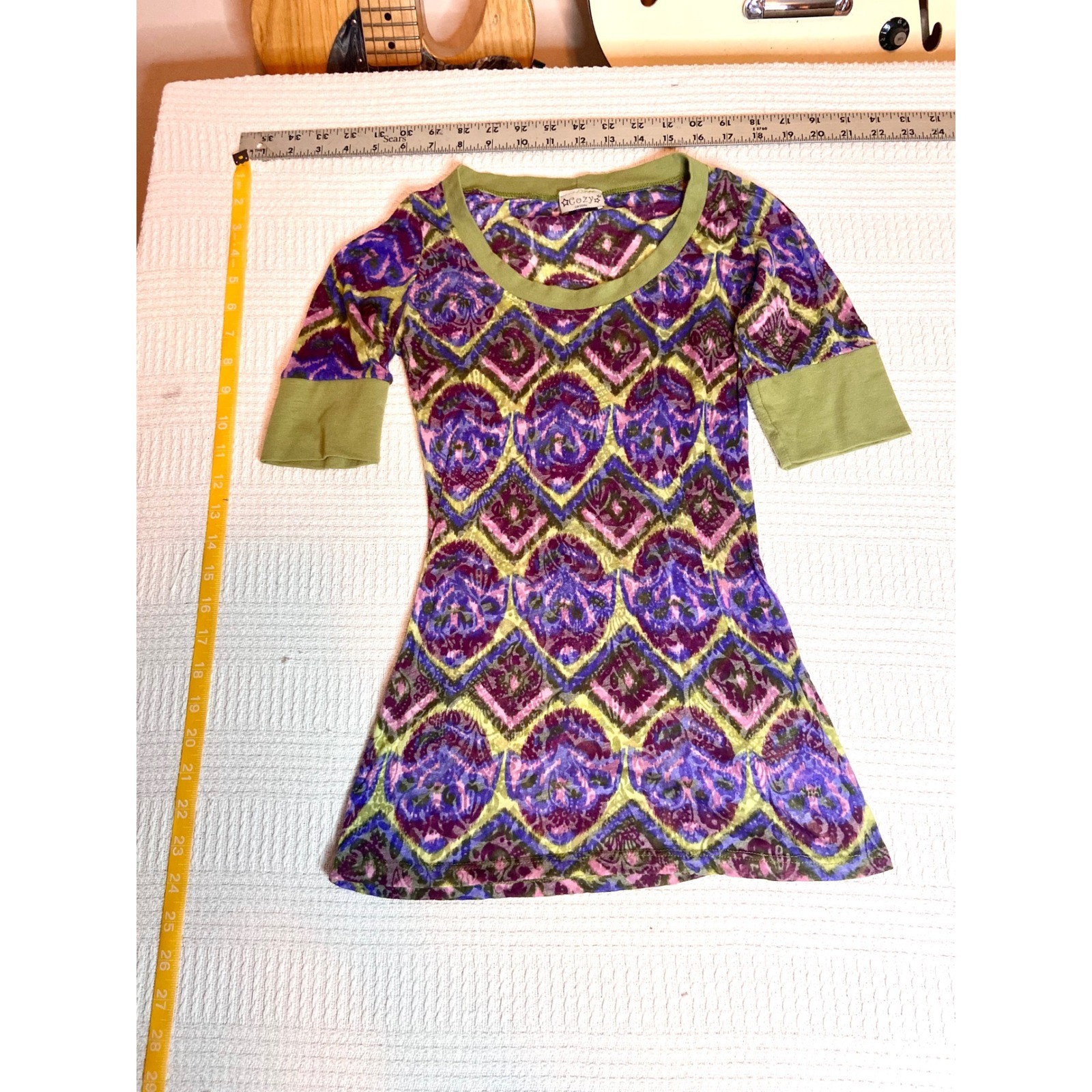 Cozy Casual Womens Small Purple Green Ikat Diamond Print Scoop Neck Tunic Top