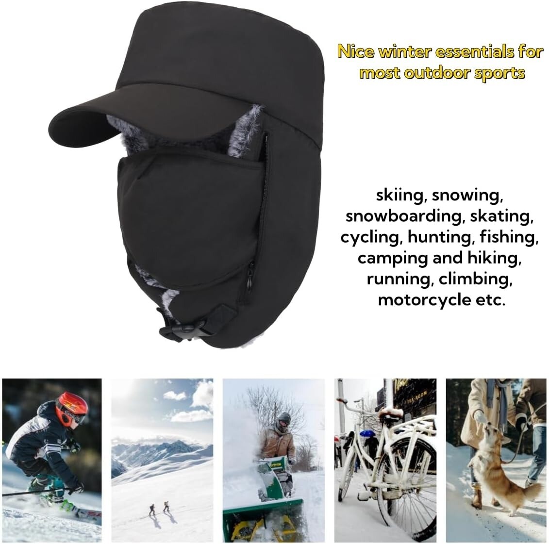 Winter 3 in 1 Thermal Fleece Lined Ski Hat with Ear Flap Full Face Warmer Cover