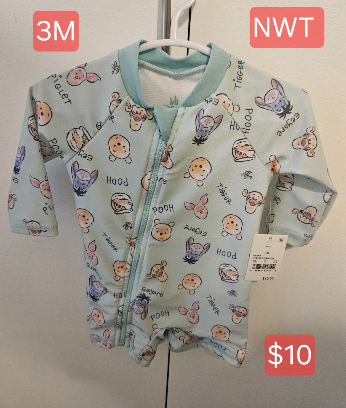 Disney 3M Green Winnie the Pooh Friends All-Over Print Full Zip Romper LS