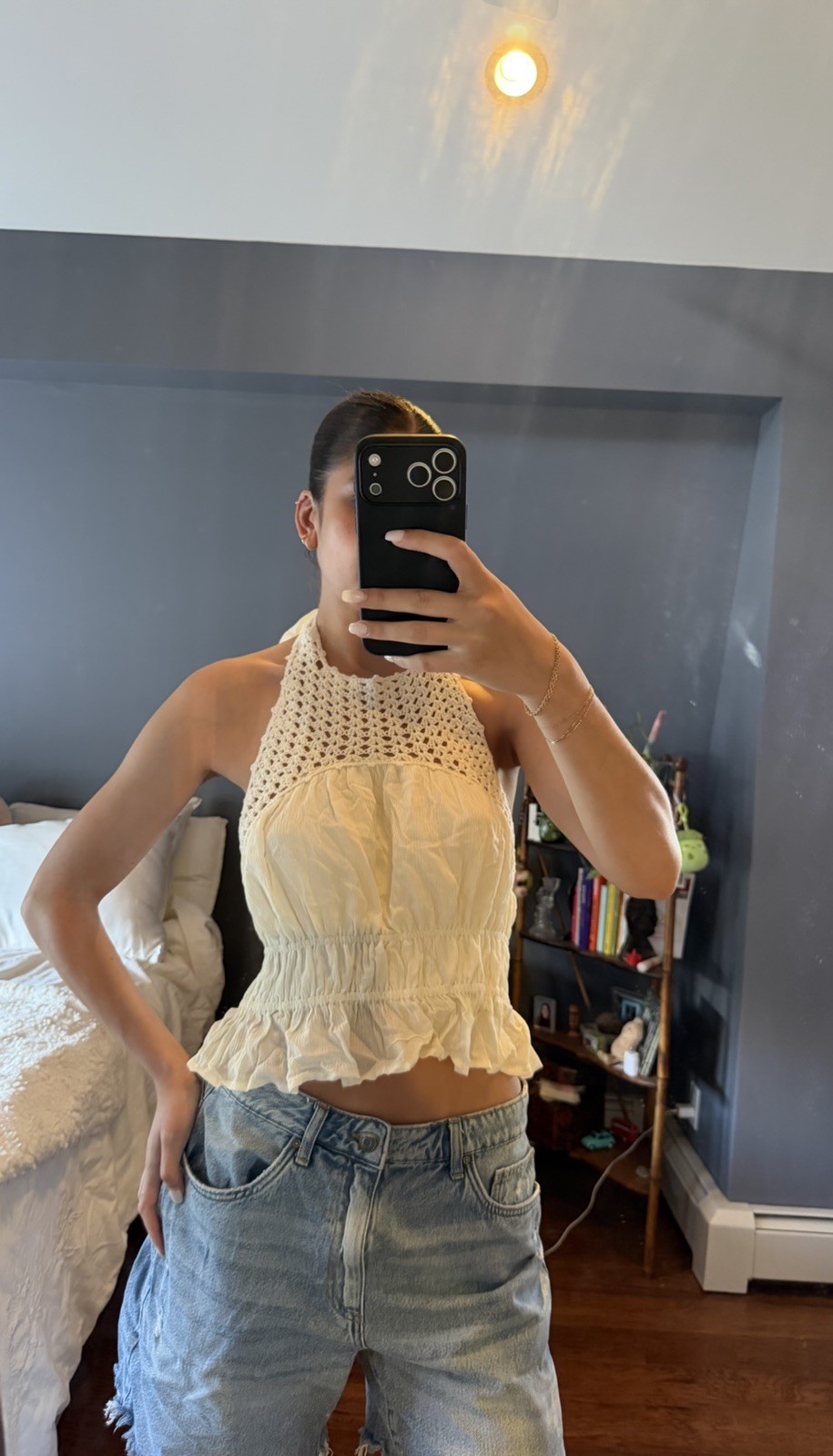 Sarah Hahn Anthro Ivory Crochet Halter Tie-Back Ruffle Cropped Top, Women’s S