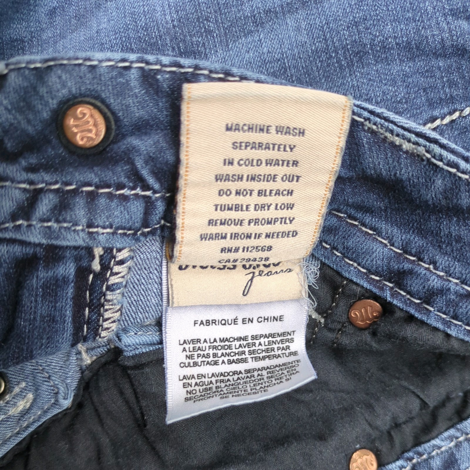 Miss Me Signature Boot Cut Blue Low Rise Jeans Women’s 26×30 Flap Wing Pockets