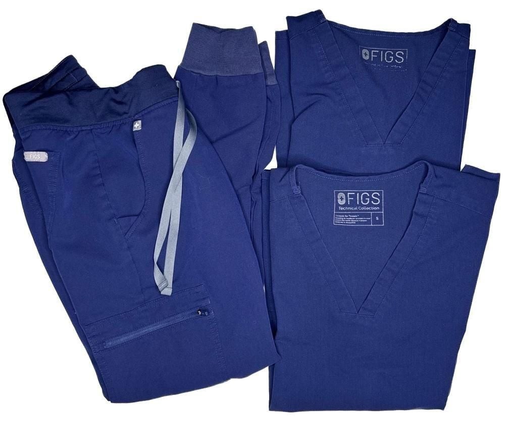 FIGS Collection Navy Blue Scrub Set: 2 Catarina V-Neck Tops and 1 Jogger Pants