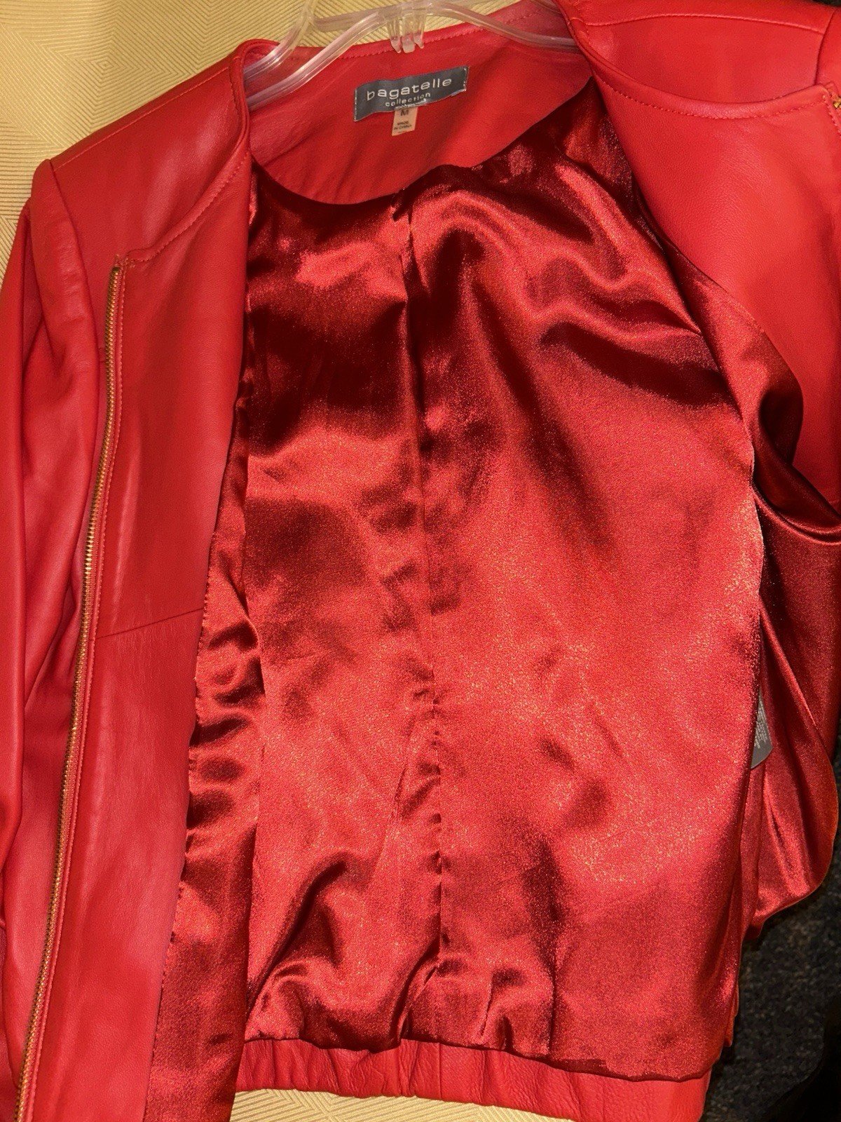 Bagatelle Collection Red Genuine Leather Jacket Womens M Collarless Gold Zip EUC